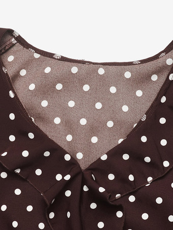 Brauner Body mit Polka-Dots V-Ausschnitt Rüschenbesatz langen Ärmeln und gerafften Bündchen