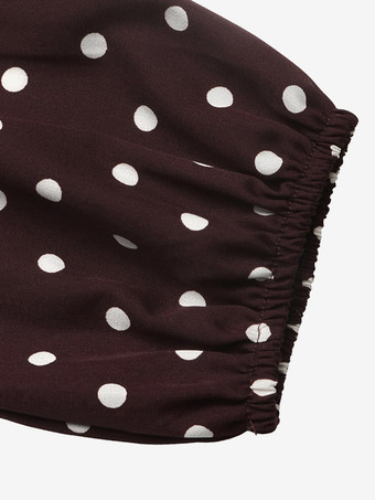 Brauner Body mit Polka-Dots V-Ausschnitt Rüschenbesatz langen Ärmeln und gerafften Bündchen