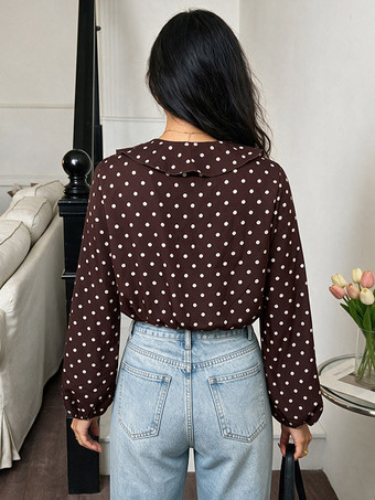 Brauner Body mit Polka-Dots V-Ausschnitt Rüschenbesatz langen Ärmeln und gerafften Bündchen