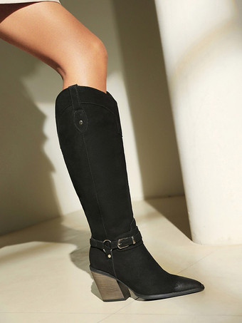 Cowgilr Damenstiefel mit spitzer Zehenpartie Schnallendetail Blockabsatz und kniehohen Stiefeln