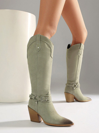 Cowgilr Damenstiefel mit spitzer Zehenpartie Schnallendetail Blockabsatz und kniehohen Stiefeln