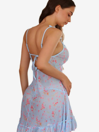 Babydoll-Dessous in Blau mit floralem Mesh-Einsatz transparentem V-Ausschnitt Spitze und Schleife an den Spaghettiträgern
