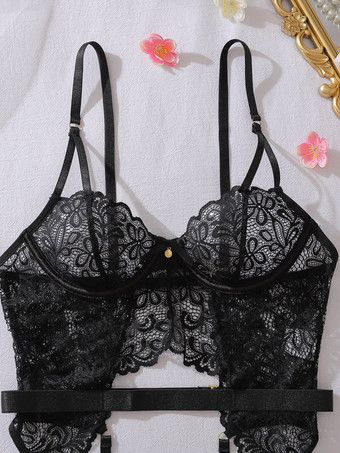 Schwarzer Spitzenbody mit floralem Muster transparentem V-Ausschnitt Cut-Outs und Strumpfband – sexy Dessous