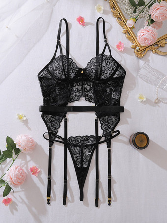 Schwarzer Spitzenbody mit floralem Muster transparentem V-Ausschnitt Cut-Outs und Strumpfband – sexy Dessous