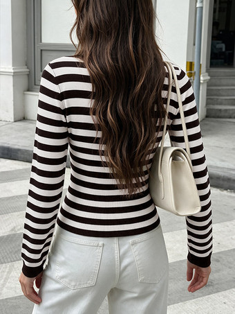 Pullover Braun Weiß Gestreift Rundhals Langarm Rippstrick Schmal geschnitten Crop-Top