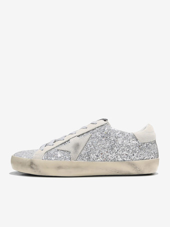 Zapatillas de deporte para mujer con cordones y punta redonda y lentejuelas plateadas