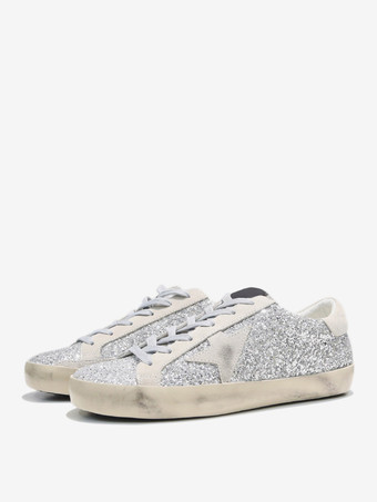 Zapatillas de deporte para mujer con cordones y punta redonda y lentejuelas plateadas