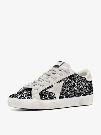 negro Zapatillas de deporte para mujer con cordones y punta redonda y lentejuelas plateadas