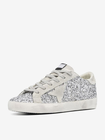 plateado Zapatillas de deporte para mujer con cordones y punta redonda y lentejuelas plateadas