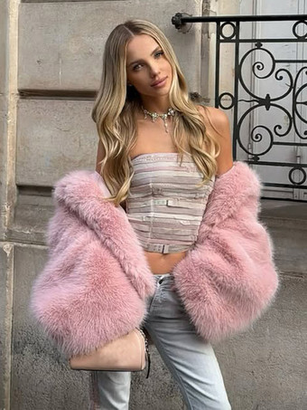Damenjacke aus rosa Kunstfuchsfell dick warm mit breitem Kragen kurz geschnitten