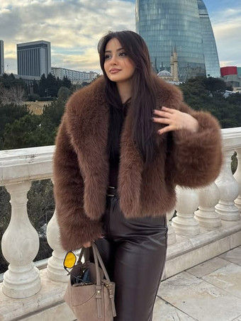 Damen-Kunstpelzjacke braun Fuchs dick warm Schalkragen lange Ärmel kurzes Oberteil