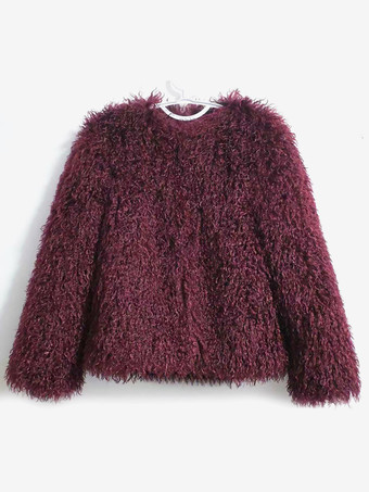 ワインレッド レディース フェイクファージャケット ブラック シャギー 厚手 暖かい クルーネック 長袖 ショート丈 アウター