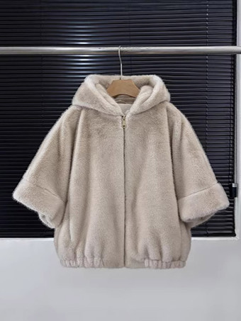 Aprikose  Damen-Kunstpelzjacke mit Kapuze dick warm Kurzarm Nerz-Fell