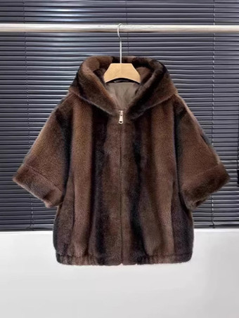 Braun Damen-Kunstpelzjacke mit Kapuze dick warm Kurzarm Nerz-Fell