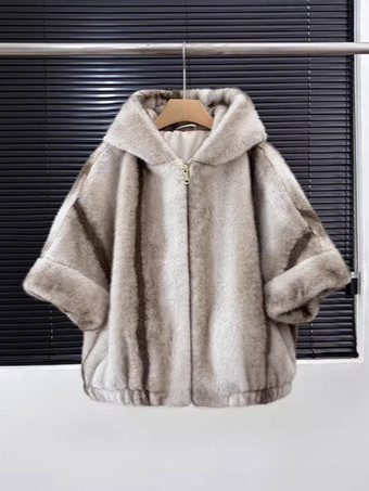 WeißDamen-Kunstpelzjacke mit Kapuze dick warm Kurzarm Nerz-Fell