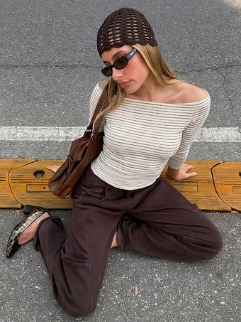 Top Damen Gestreiftes Off-Shoulder 3/4 Ärmel Rippstrick Figurbetontes Cropped-Shirt