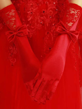 レッド レディースサテンレースリボン付きロンググローブ（肘まで届く丈）イブニングウェディングアクセサリー