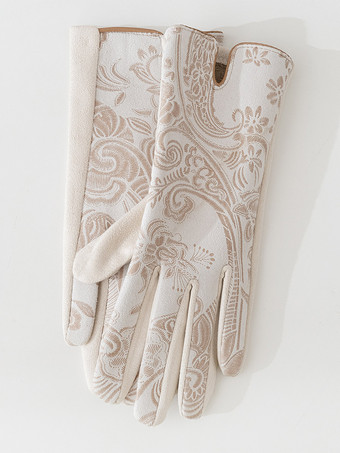 milchweißHandschuhe für Damen Kunstwildleder Paisley-Muster warm Winter volle Finger Accessoires