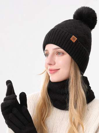 ブラック 帽子、マフラー、手袋のセット レディース ニット ポンポン付きビーニー 冬用防寒アクセサリー