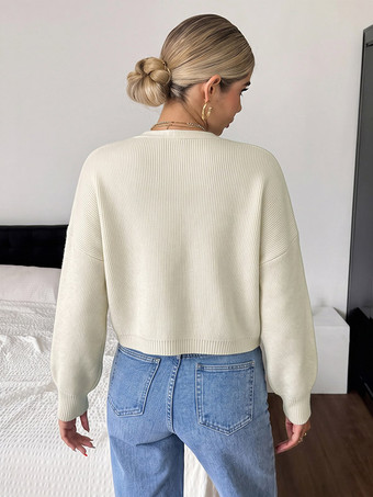 Cardigan da donna bianco sporco in maglia con scollo a V e stampa floreale maniche lunghe taglio corto