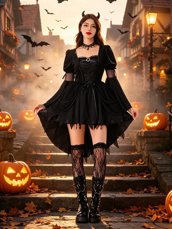 ブラック 女性用ハロウィンコスチューム 魔女 ゴシックロリータ ハロウィンコスチューム