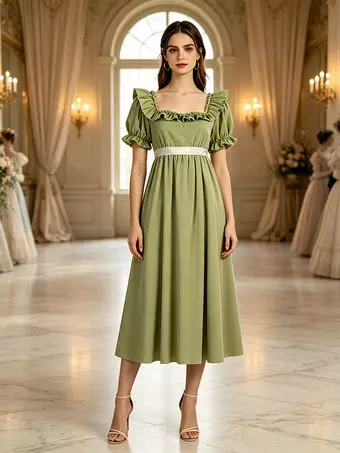 Regency Women's Empire Waist Long Victorian Prom Dress With Puff Sleeves Gloves Green