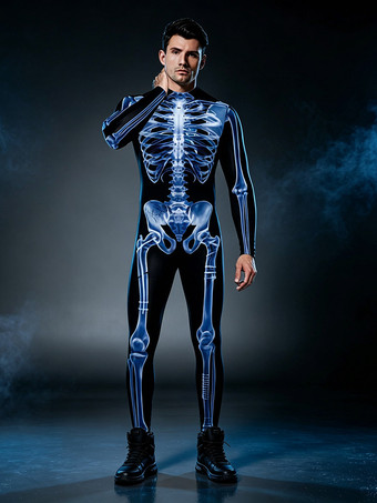 ブルー ネオンボディスーツコスチューム、スカルスケルトンボディスーツ、ハロウィン、3Dデジタルプリント、UVグローボディスーツ、キャットスーツ、ゼンタイ