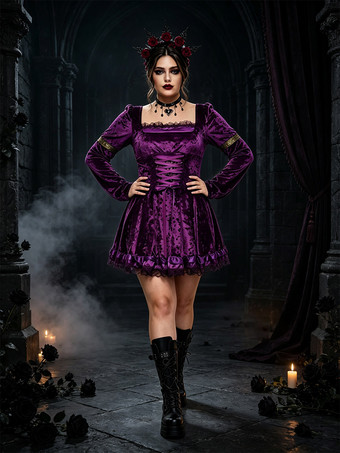 パープル ハロウィンドレス 魔女 吸血鬼 魔法使い 魔術師 魔法 ファンタジー ゴシック 中世 ルネサンス