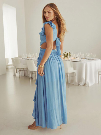 Robe longue à découpe taille haute pour femme - Robe fluide sans manches à volants décolleté en V profond et anneaux - Idéale pour les fêtes d'été sur la plage 2026