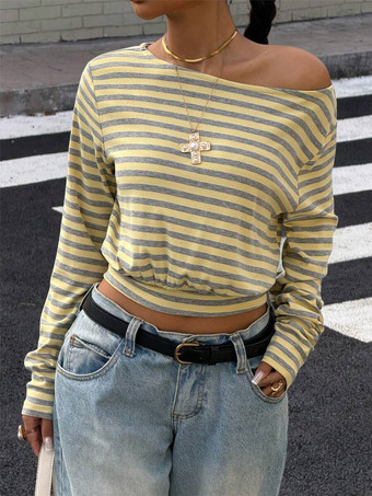Top Yellow Gray Stripe Off Shoulder Long Sleeve Crop Women Fashion Street Blouse
