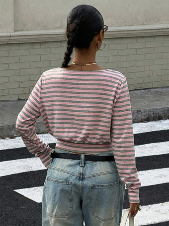 PinkTop Yellow Gray Stripe Off Shoulder Long Sleeve Crop Women Fashion Street Blouse