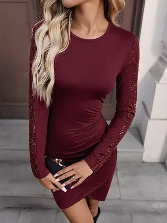 wine bodycon dress long sleeve Red Fitted Pleat Sequin Women Elegant Outfit quality polyester 4X-Large Rental Type:3 days Contemporary Two-Piece A-Line Bridal Maxi dress