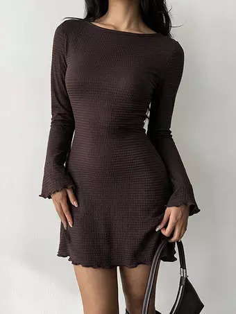 Knit Dress Brown Long Sleeve Fitted Ruffle Scalloped Round Neck Women Outfit