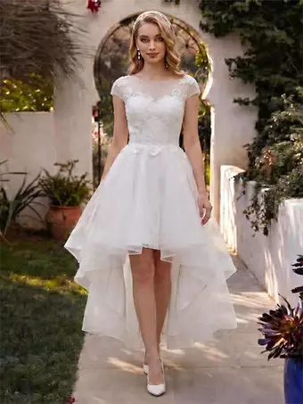 Short Wedding Dress Jewel Neck Short Sleeves A-Line Asymmetrical Ankle- Length Short Bridal Dress