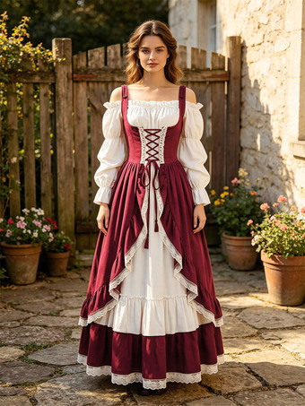 BurgunderrotMittelalterliches Cosplay-Kleid für Damen Renaissance-Ballkleid mit Puffärmeln Retro-Vintage-Kleid