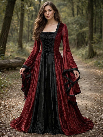 レッド 中世ルネッサンス風ドレス、長袖の魔女バイキング風コスチューム、女性用ケルトファンタジーハロウィンカーニバルコスチューム