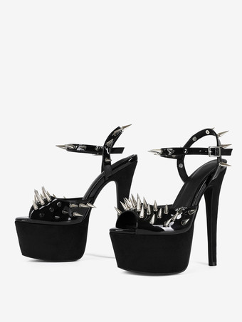 黒のセクシーなサンダル、オープントゥ、プラットフォーム、リベット付き、ハイヒールサンダル