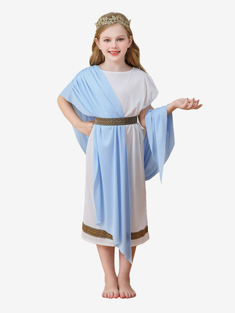 ライトスカイブルー子供用ギリシャの女神コスチューム 女の子用トーガドレス ローマの衣装 金の冠 イエス降誕 ヨセフ コスプレ衣装 女の子用