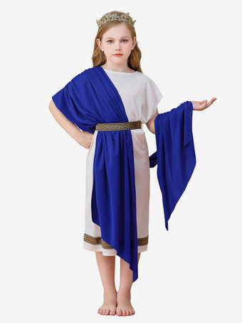 ロイヤルブルー子供用ギリシャの女神コスチューム 女の子用トーガドレス ローマの衣装 金の冠 イエス降誕 ヨセフ コスプレ衣装 女の子用