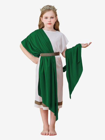 グリーン 子供用ギリシャの女神コスチューム 女の子用トーガドレス ローマの衣装 金の冠 イエス降誕 ヨセフ コスプレ衣装 女の子用