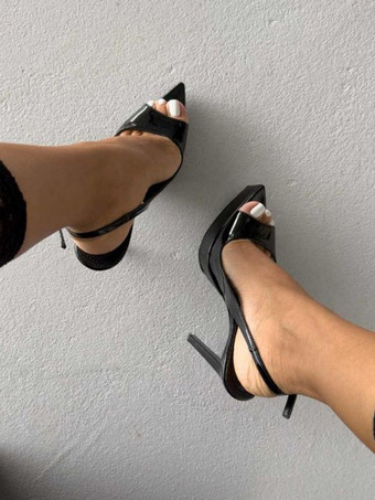黒のハイヒール、オープントゥ、プラットフォーム、スリングバック、スティレットヒールパンプス