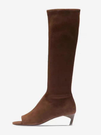 Botas altas hasta la rodilla para mujer con punta abierta y detalle de cremallera y tacón bajo