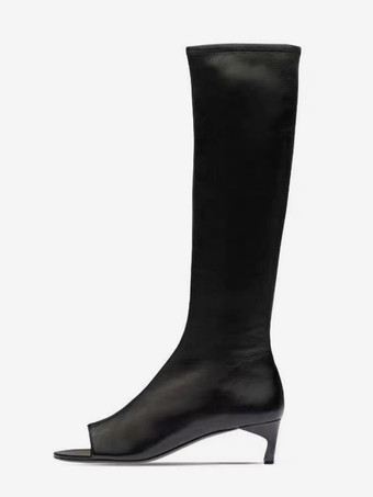 negro Botas altas hasta la rodilla para mujer con punta abierta y detalle de cremallera y tacón bajo