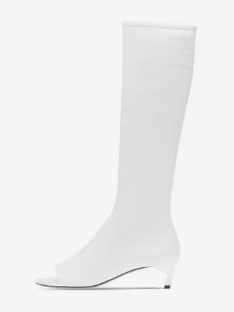 Botas altas hasta la rodilla para mujer con punta abierta y detalle de cremallera y tacón bajo