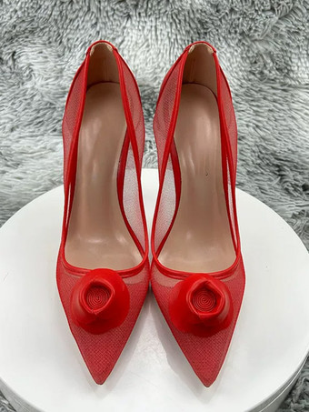 赤いハイヒール、メッシュ素材、ポインテッドトゥデザイン、スティエットヒールパンプス
