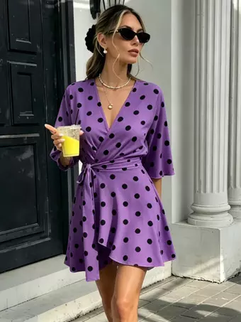 Daily Dress Polka Dot Wrap V Neck Belt Ruffle Mini Purple Pink Black Women Outfit