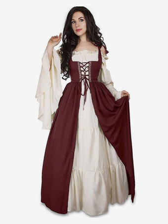 BurgunderrotDamen Renaissance Überkleid Mittelalter Bauernkostüm Kleid