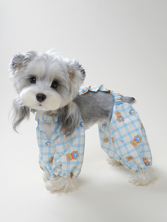 ブルー ブルーギンガムチェックの犬用ジャンプスーツ、クマ柄の四つ足ペットパンツ、小型犬用カジュアルホームウェア