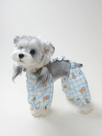 ブルーギンガムチェックの犬用ジャンプスーツ、クマ柄の四つ足ペットパンツ、小型犬用カジュアルホームウェア