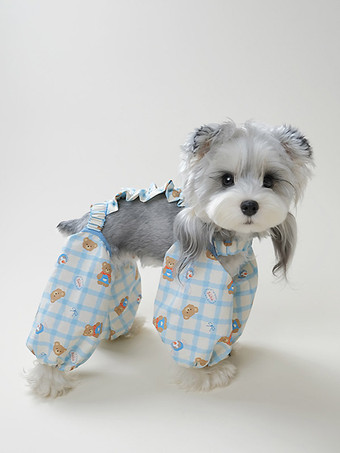 ブルーギンガムチェックの犬用ジャンプスーツ、クマ柄の四つ足ペットパンツ、小型犬用カジュアルホームウェア